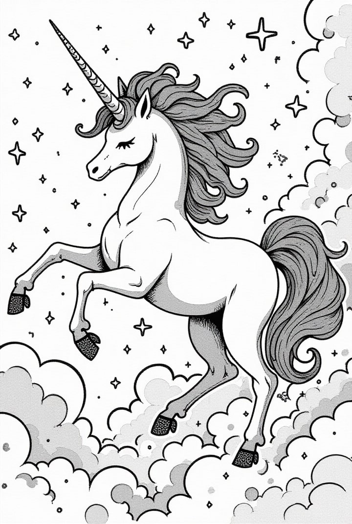 licorne magique avec des A©toiles Coloriage licorne magique avec des A©toiles