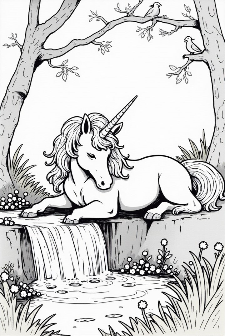 Coloriage licorne se reposant au bord de la riviA¨re