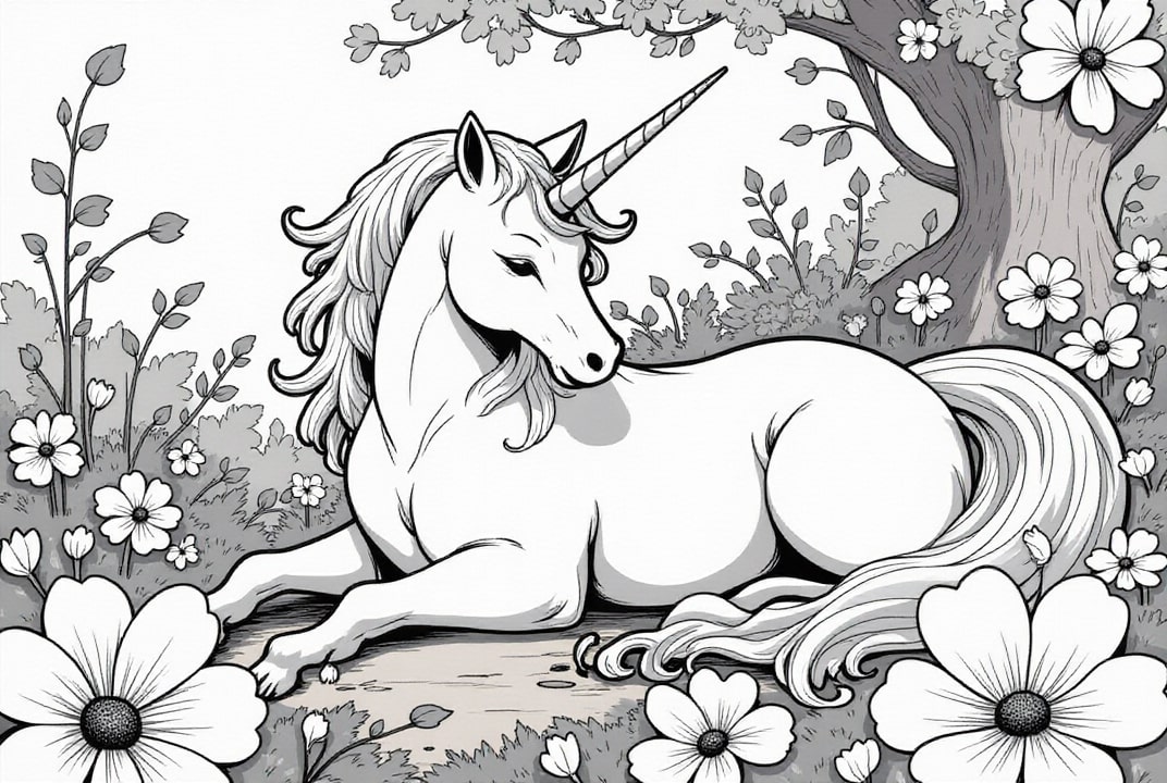 licorne se reposant dans la forAªt Coloriage licorne se reposant dans la forAªt