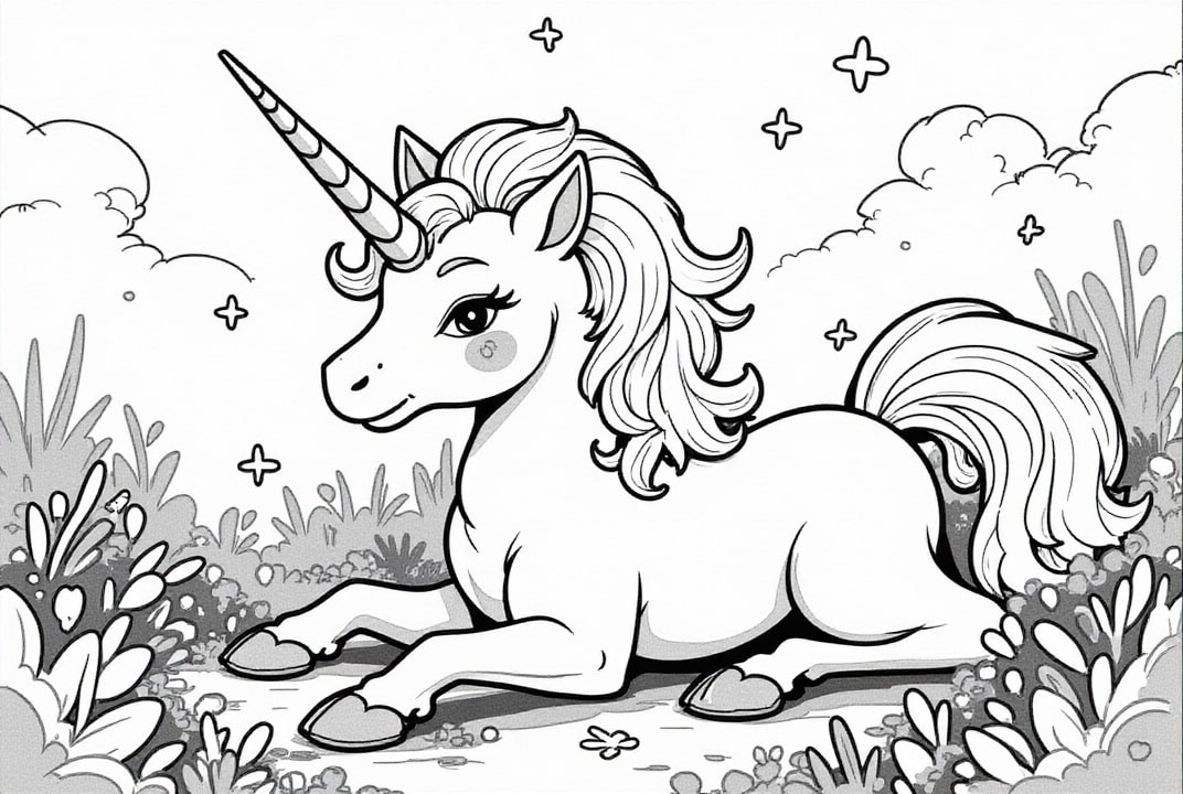 licorne se reposant dans la prairie Coloriage licorne se reposant dans la prairie
