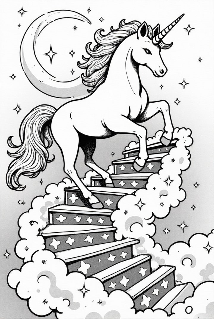licorne sur l'escalier magique Coloriage licorne sur l'escalier magique