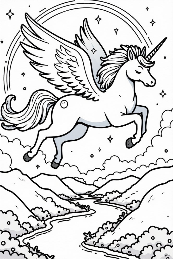 licorne volant dans le ciel Coloriage licorne volant dans le ciel