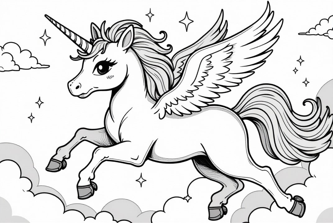 licorne volant dans le ciel Coloriage licorne volant dans le ciel