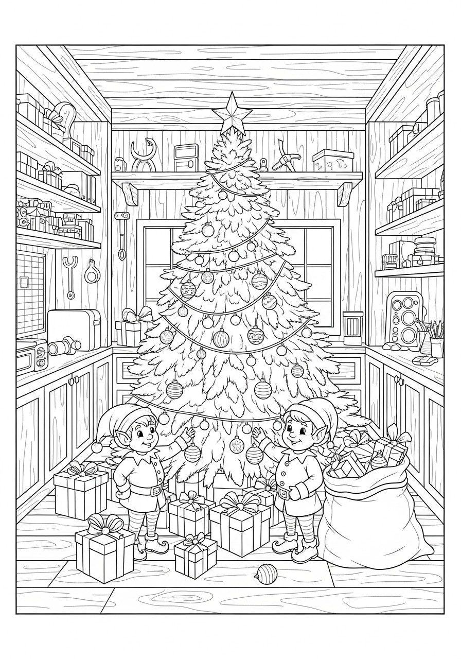 lutins de noA«l au pied du sapin de noA«l Coloriage lutins de noA«l au pied du sapin de noA«l