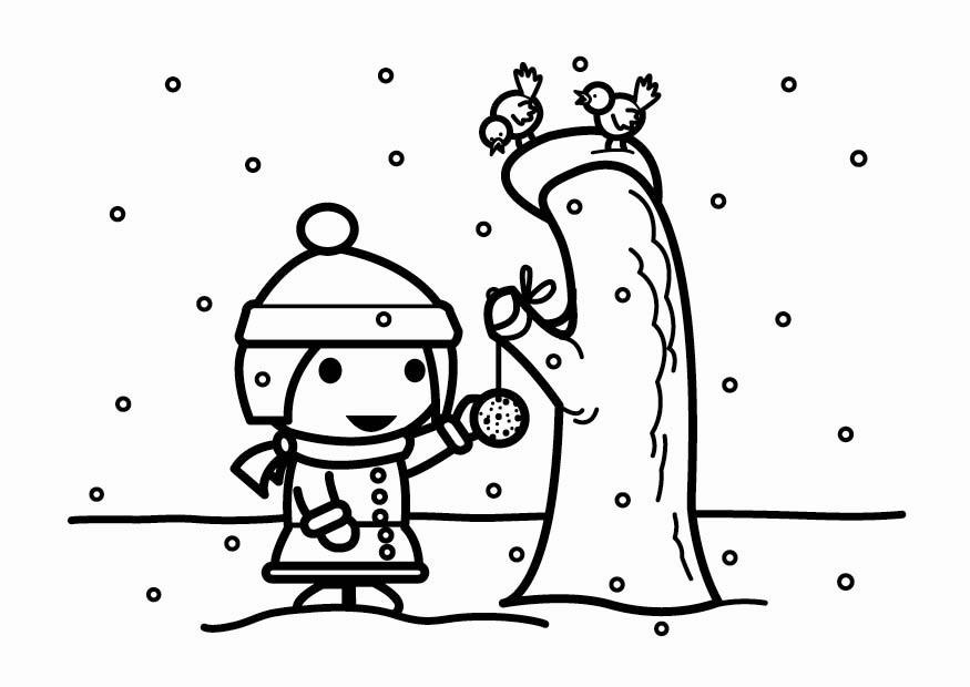 Coloriage nourrir les oiseaux dans la neige (boule de graisse)