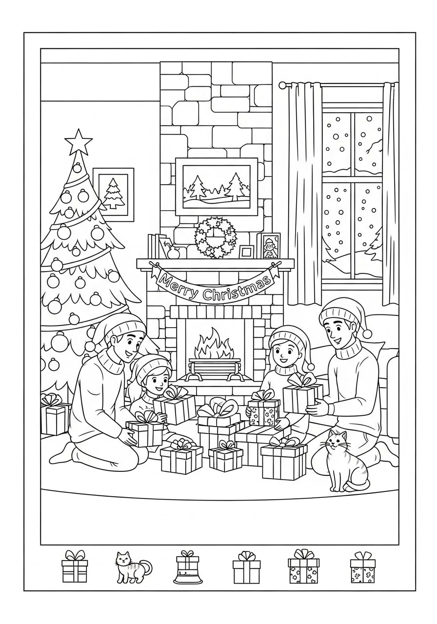 ouvrir les cadeaux A la maison pour noA«l Coloriage ouvrir les cadeaux A la maison pour noA«l