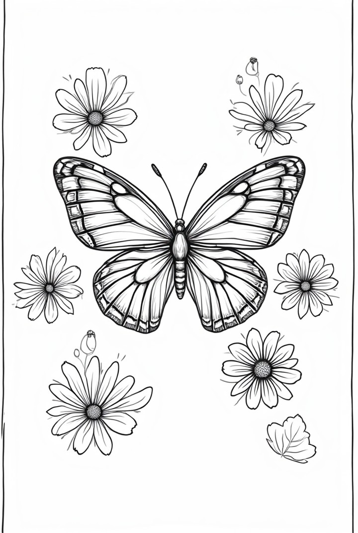 papillon parmi les fleurs Coloriage papillon parmi les fleurs