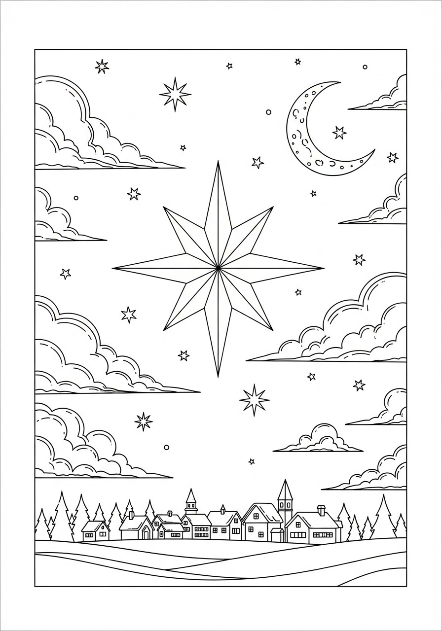 paysage de noA«l avec des A©toiles Coloriage paysage de noA«l avec des A©toiles