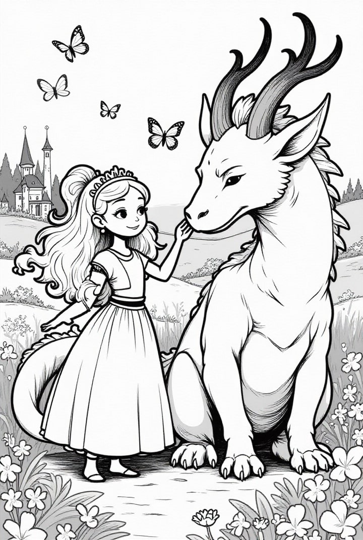 petite princesse avec son dragon Coloriage petite princesse avec son dragon