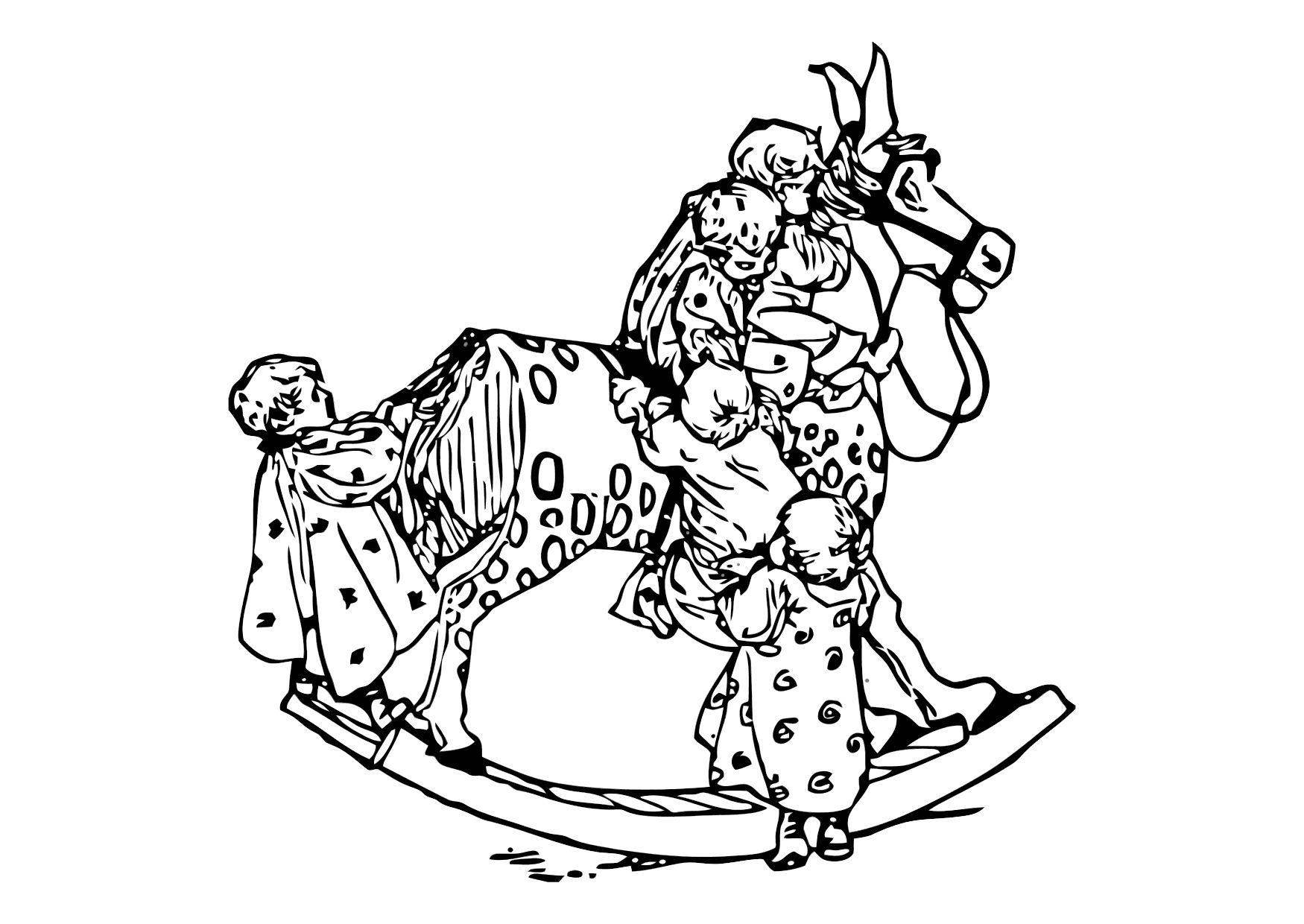 petits enfants sur cheval basculant Coloriage petits enfants sur cheval basculant