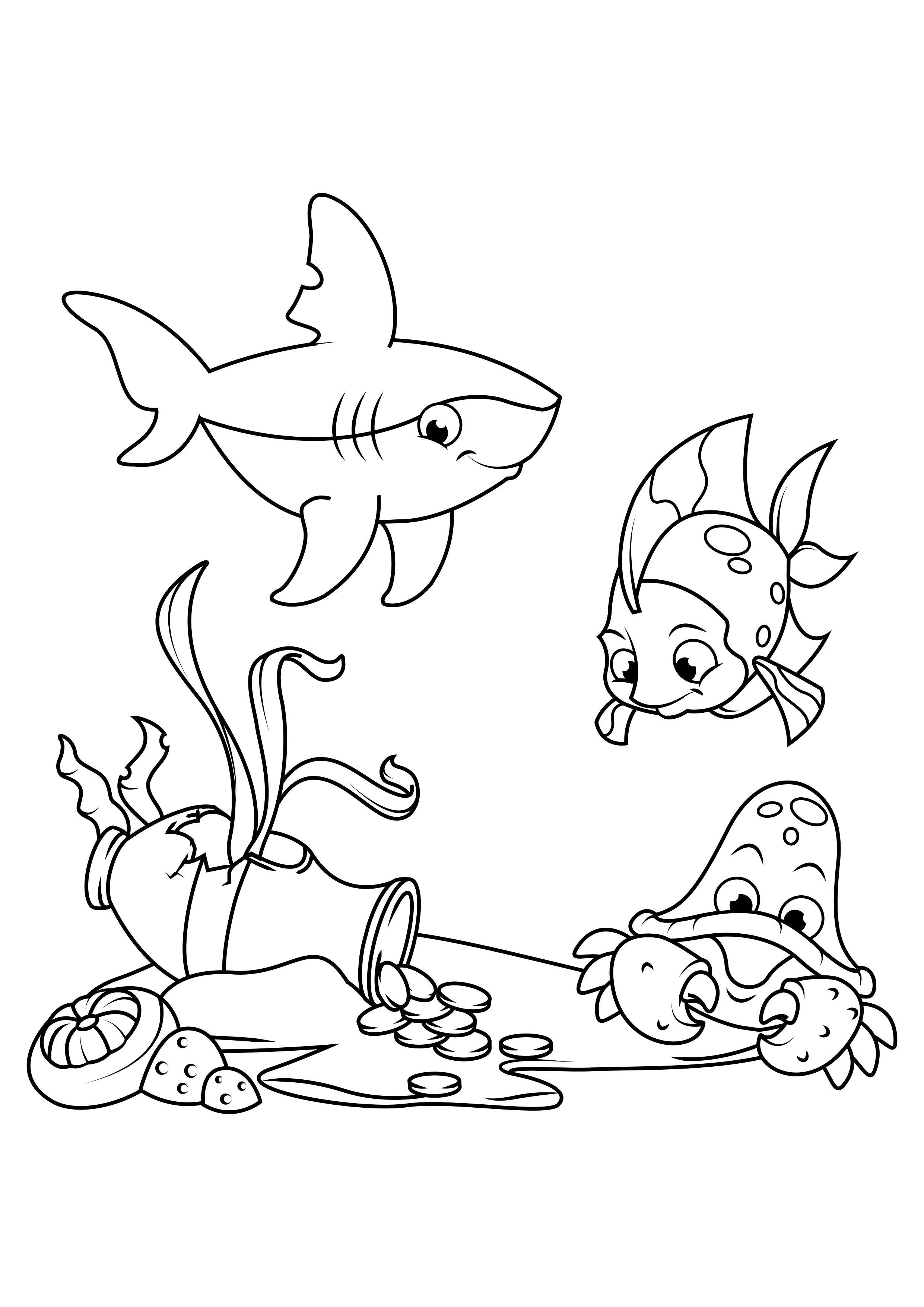 poisson avec requin et crabe Coloriage poisson avec requin et crabe