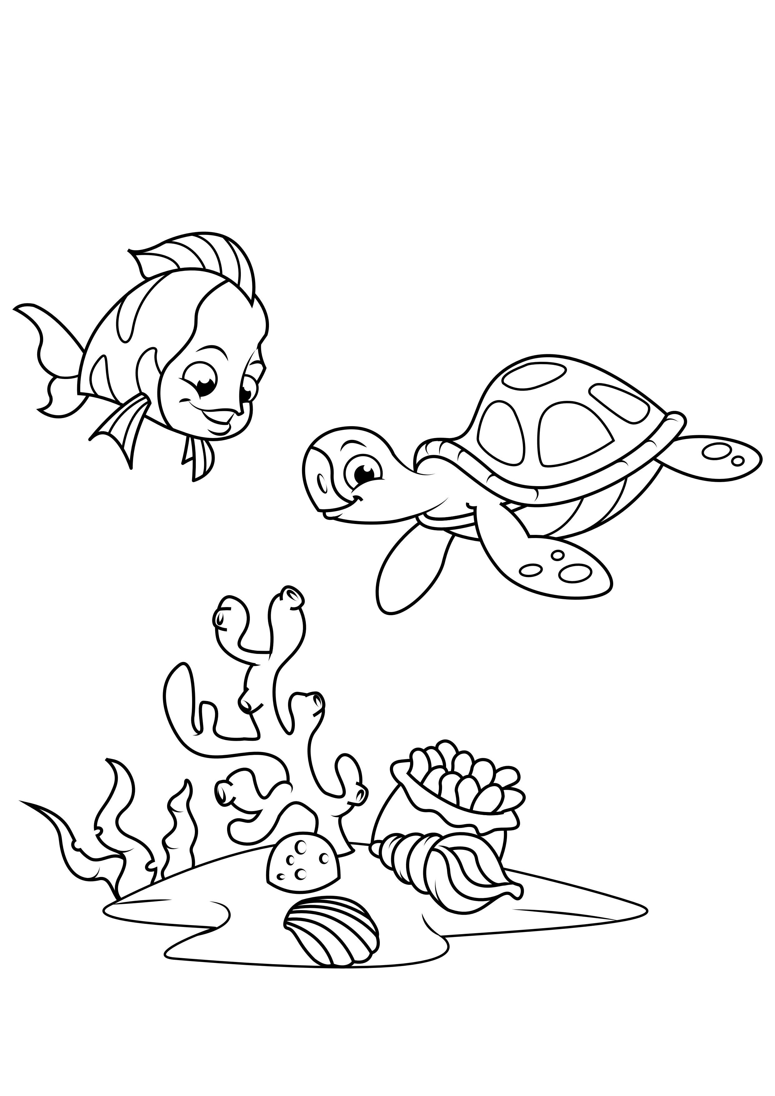 poisson et tortue d'eau Coloriage poisson et tortue d'eau