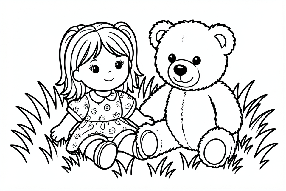 poupA©e et ours dans l'herbe Coloriage poupA©e et ours dans l'herbe