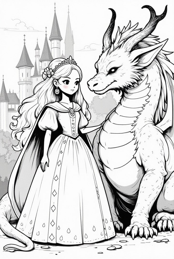 princesse courageuse avec son dragon Coloriage princesse courageuse avec son dragon