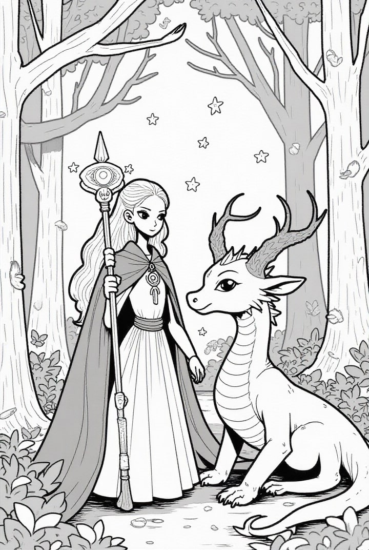 princesse dans la forAªt avec dragon Coloriage princesse dans la forAªt avec dragon