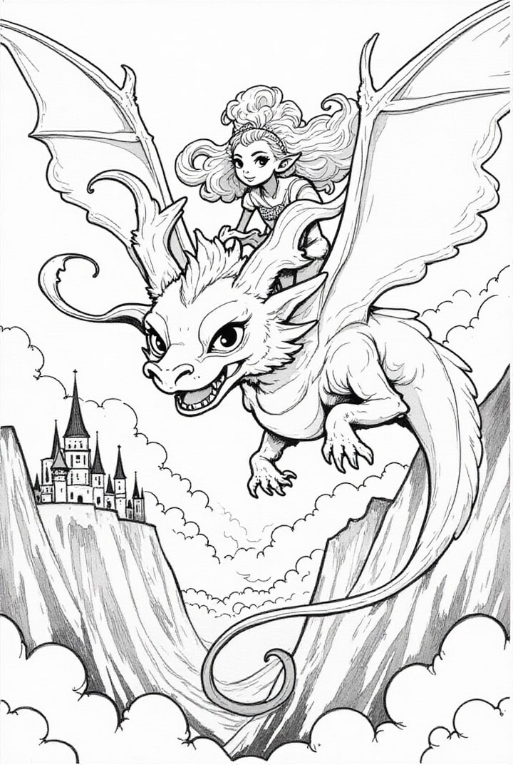 princesse sur son dragon volant Coloriage princesse sur son dragon volant