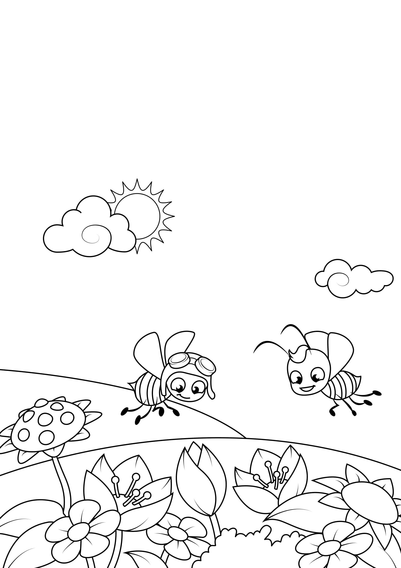 printemps, abeilles dans le jardin Coloriage printemps, abeilles dans le jardin