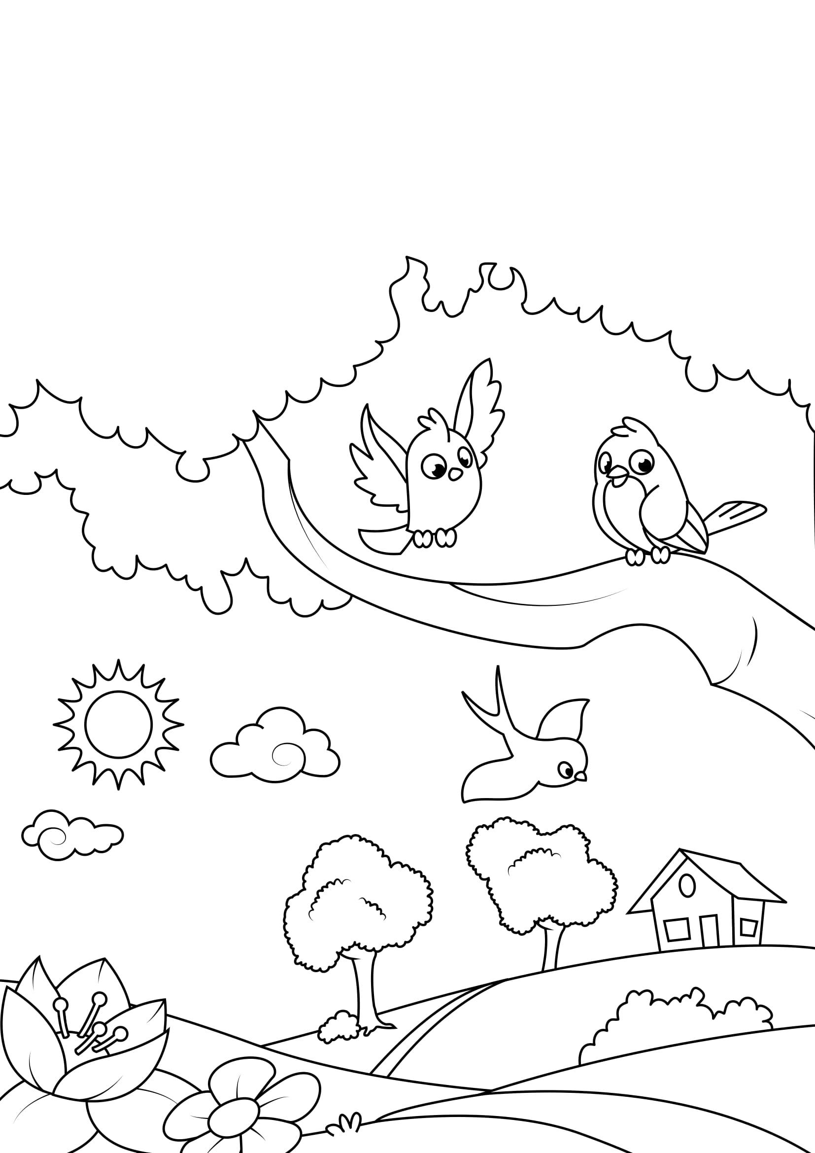 printemps, oiseaux dans le jardin Coloriage printemps, oiseaux dans le jardin