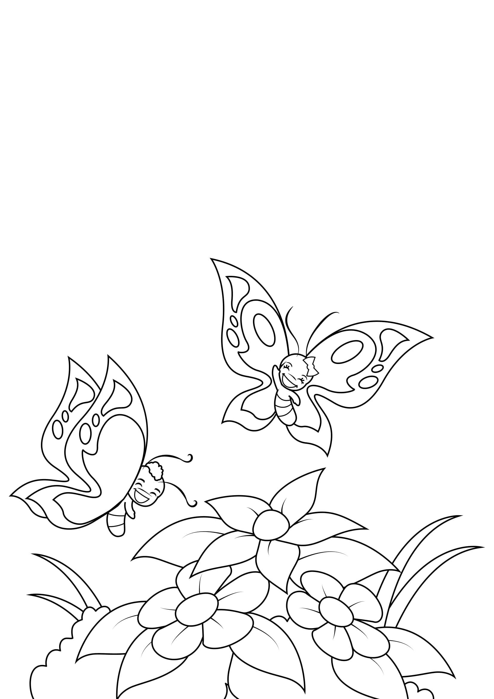 printemps, papillons par les fleurs Coloriage printemps, papillons par les fleurs