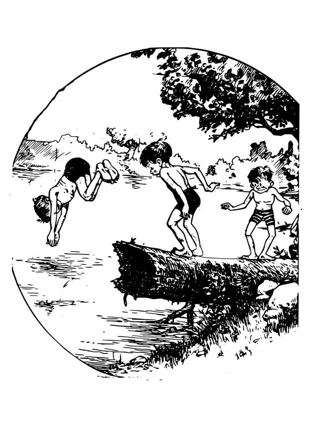 se baigner dans un A©tang Coloriage se baigner dans un A©tang