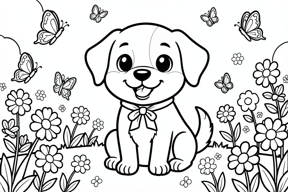 un adorable chien dans le jardin Coloriage un adorable chien dans le jardin