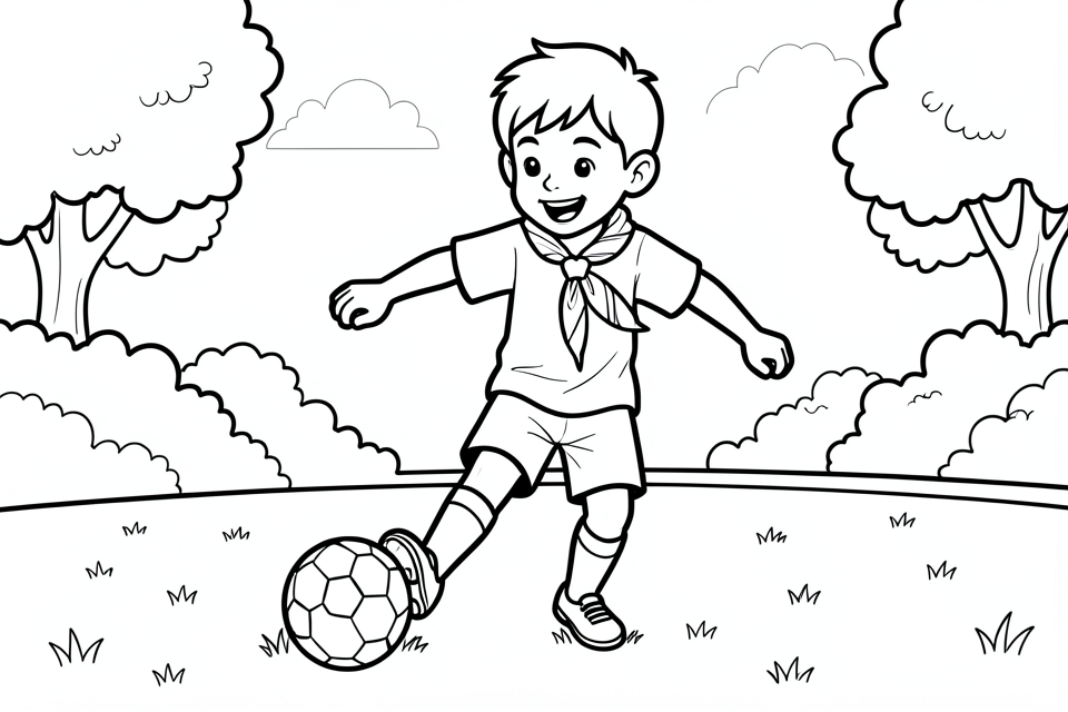 un garA§on joue au football dans le parc Coloriage un garA§on joue au football dans le parc