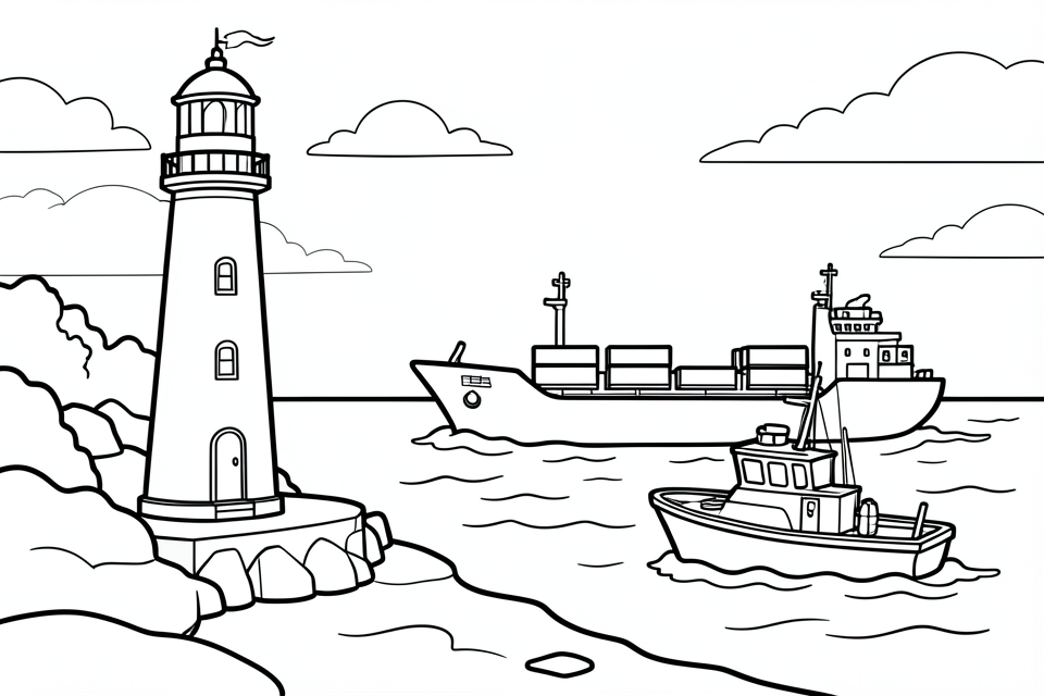 un phare dans le port avec des navires en mer Coloriage un phare dans le port avec des navires en mer
