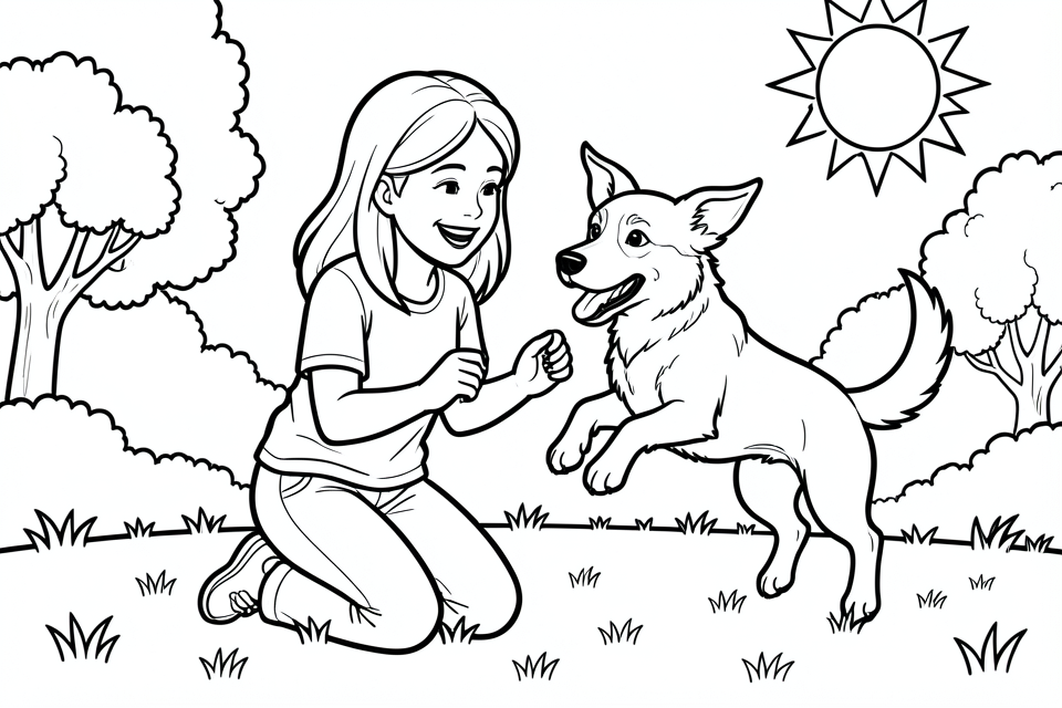 une fille joue avec son chien Coloriage une fille joue avec son chien