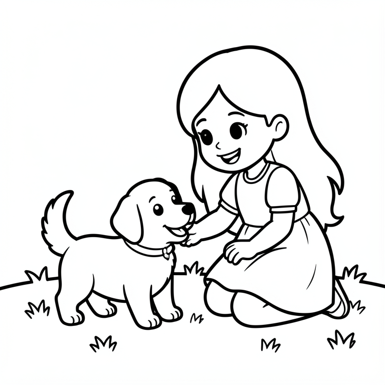 une fille joue avec un chien Coloriage une fille joue avec un chien