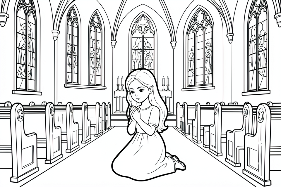 une jeune fille prie dans l'A©glise Coloriage une jeune fille prie dans l'A©glise