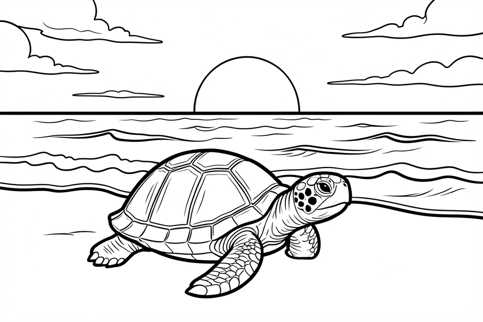 une tortue sur la plage au coucher du soleil Coloriage une tortue sur la plage au coucher du soleil