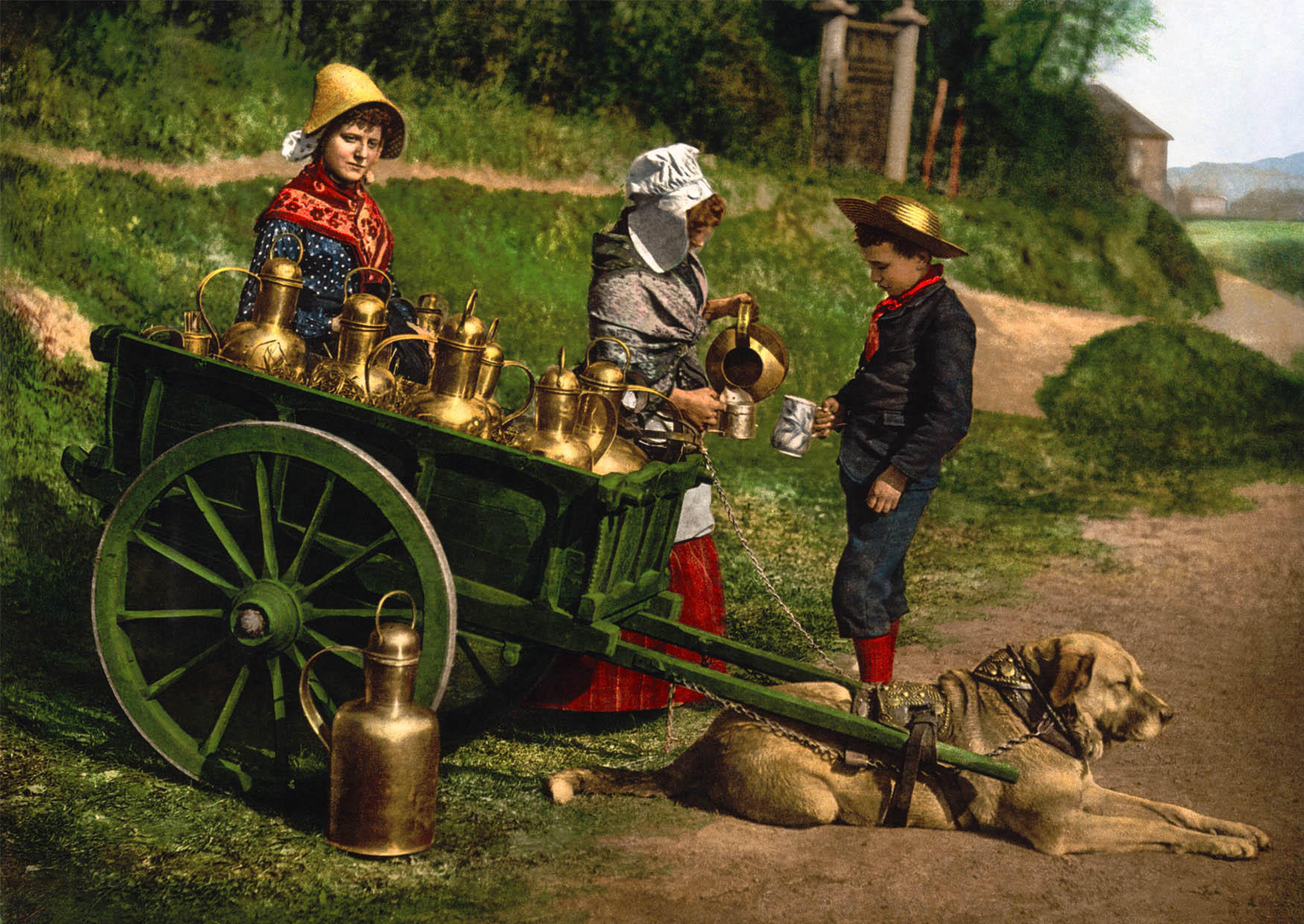 vendeurs de lait avec charrette A chien - belgique 1890 Photo vendeurs de lait avec charrette A chien - belgique 1890